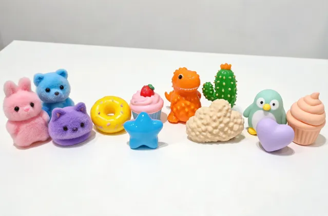 Durable squishy toys arranged by texture family